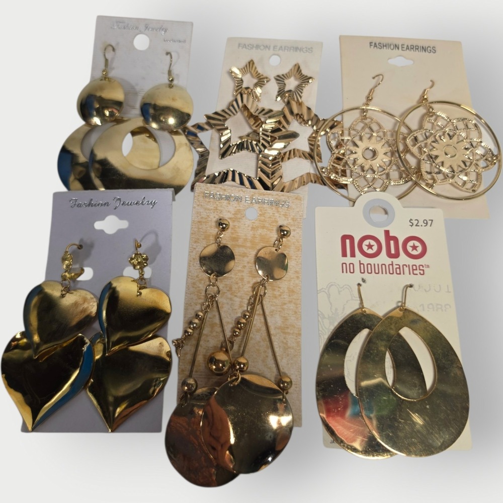 Lot of 6 Gold Tone HUGE Dangle Earrings  LARGE 1"+ VINTAGE NEW NOS Drop mixed